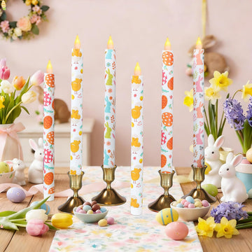 Easter Taper Candles - 10.6" Battery Operated Flameless LED Candles with Bunny, Chick & Egg Patterns, Flickering - Set of 6
