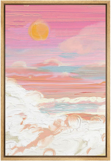 Framed Canvas Print Wall Art Pastel Watercolor Pink Sunset Cloud Nature Wilderness Illustrations Modern Art Vibrant