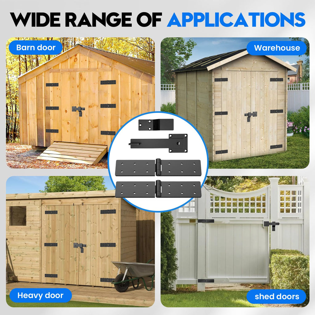 Fence Gate Hinge and Latch Set 2Pack Heavy Duty Gate Hardware Kit, 270 Degree Strap Gate Hinge & Adjustable
