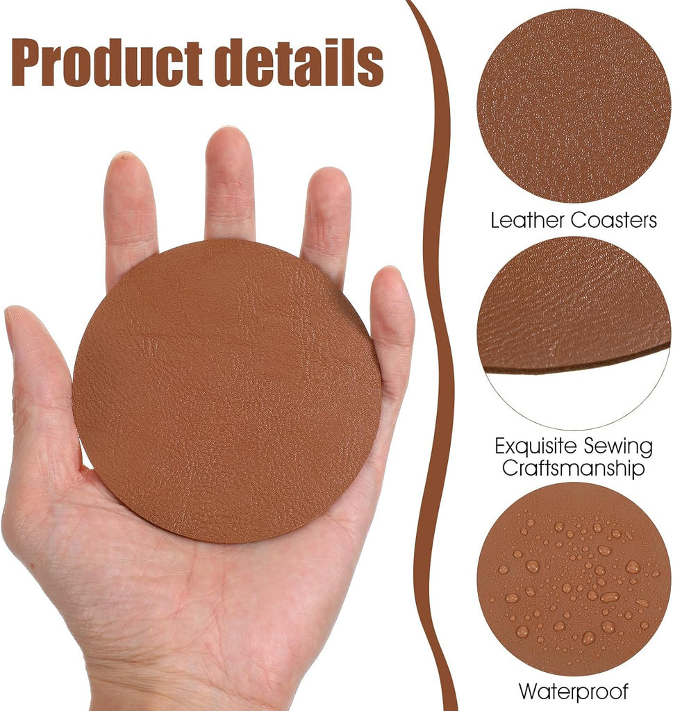 PU Leather Coasters, 4 Inch Round Leather Coasters 10 mm Thickness Brown Drink Coaster, Coffee, Tabletop - Set of 60