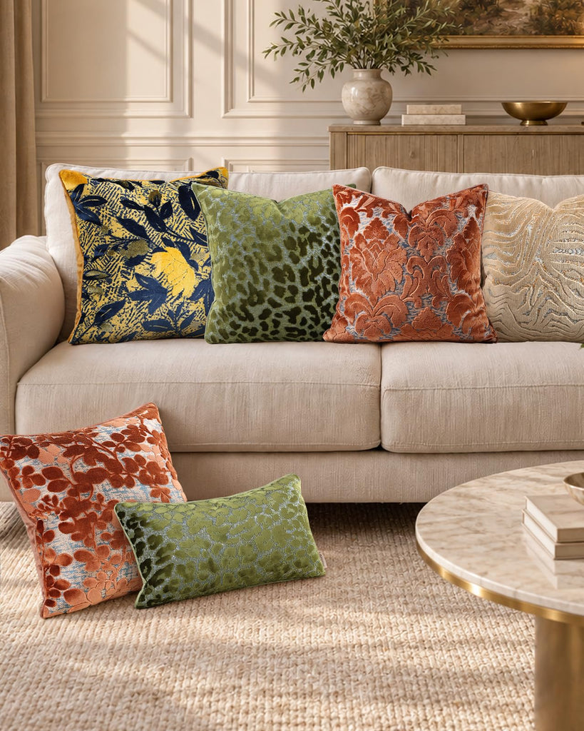 Cut Velvet Throw Pillow Cover, 20x20 Inch, Rust Round Leaf