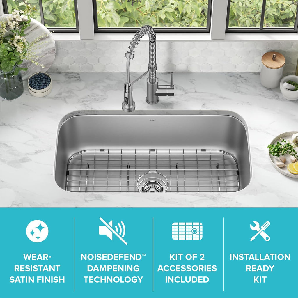 Stainless Steel 32 in 18 Gauge Undermount Kitchen Sink KBU44 | 18-gauge T304 stainless steel, rear-set drain, rounded