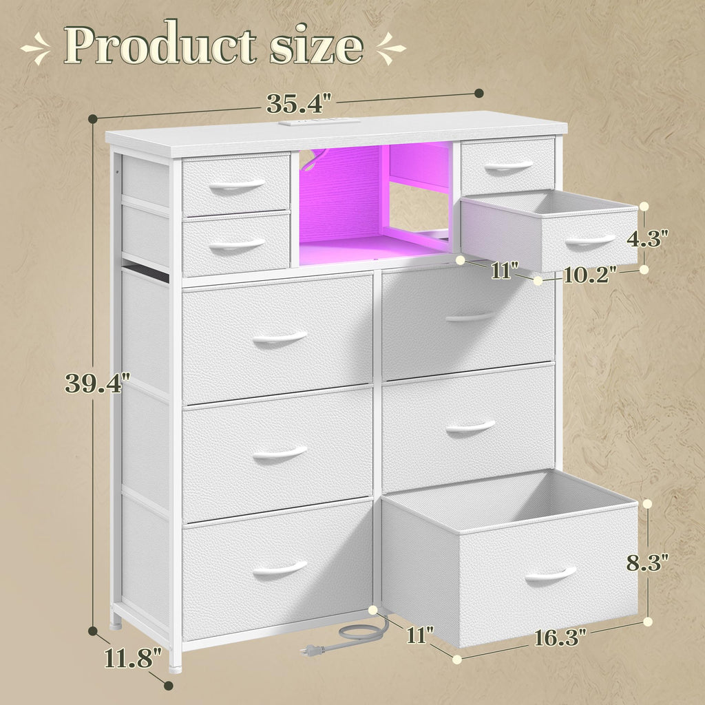 White Dresser with Charging Station & LED, 10 Drawers