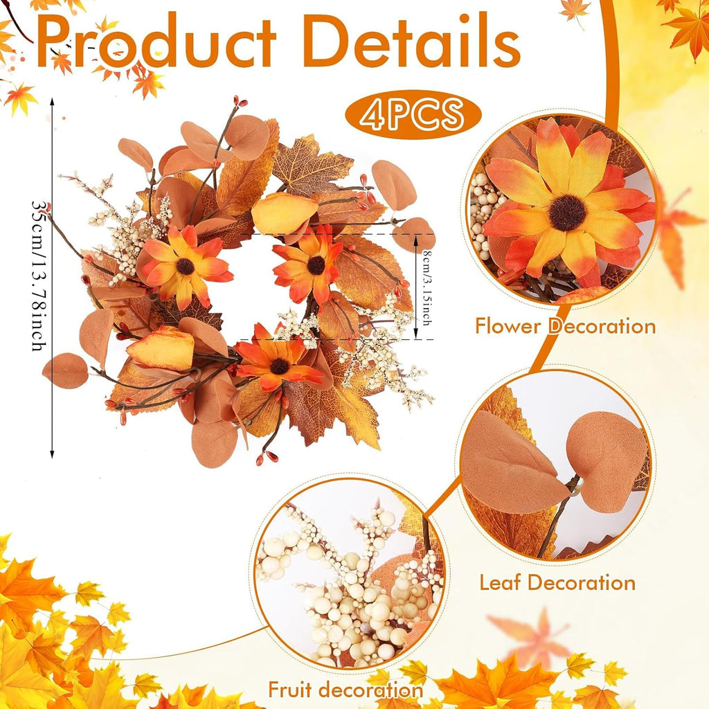 Fall Floral Candle Rings Wreaths Autumn Flower Rings for Centerpieces Harvest Pumpkins Wreath Mini Thanksgiving - Set of 4