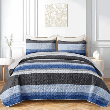 Grey and Blue Stripe Quilt Set, Grey Blue Boho Geometric Bedspread, 3 Pieces Patchwork Stripes Bed Cover