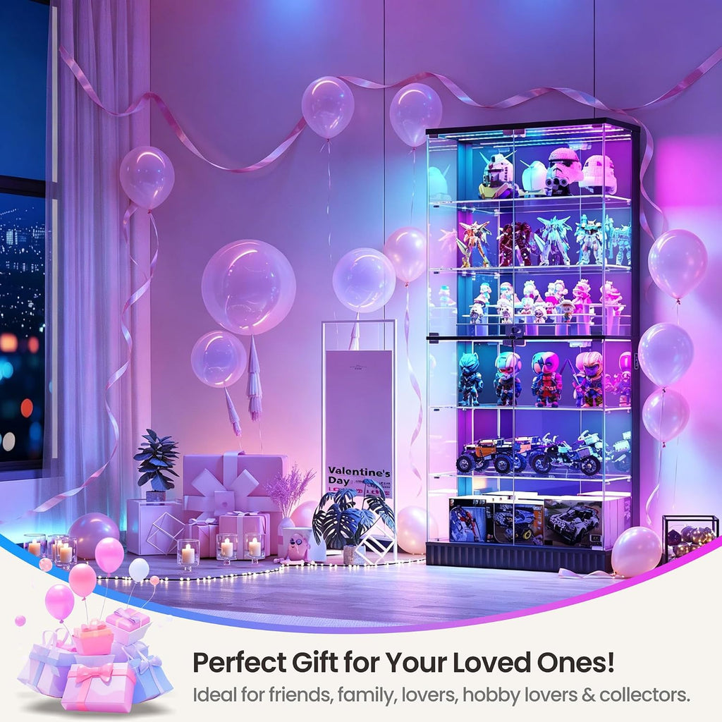 6-Tier Tall Glass Display Cabinet with RGB Lights for Collectibles | 71" Lockable Curio Cabinet,Glass Door,Display