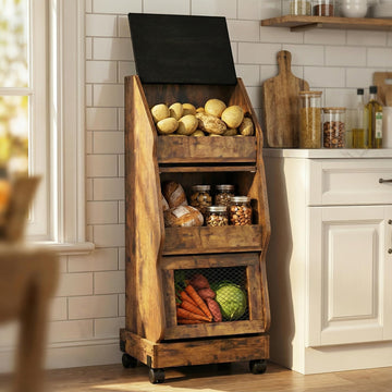 Potato and Onion Storage Bin Rustic Movable Bread Box with Wheels