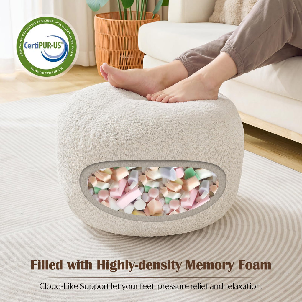 Round Ottoman, Chenille Pouf Foot Rest, Beige, 20x15 in