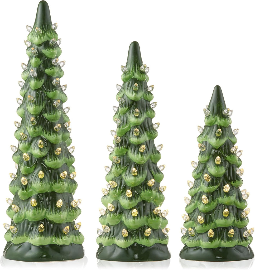Set of 3 Hand Painted Ceramic Christmas Tree - Green Pre-Lit 8, 10, 12-Inch Trees with White Lights