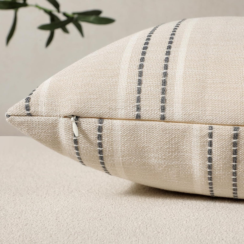 Decorative Pillow Covers 18x18 Striped Throw Pillows Textured Linen Pillow Covers Farmhouse Decor Cushion Covers, Grey