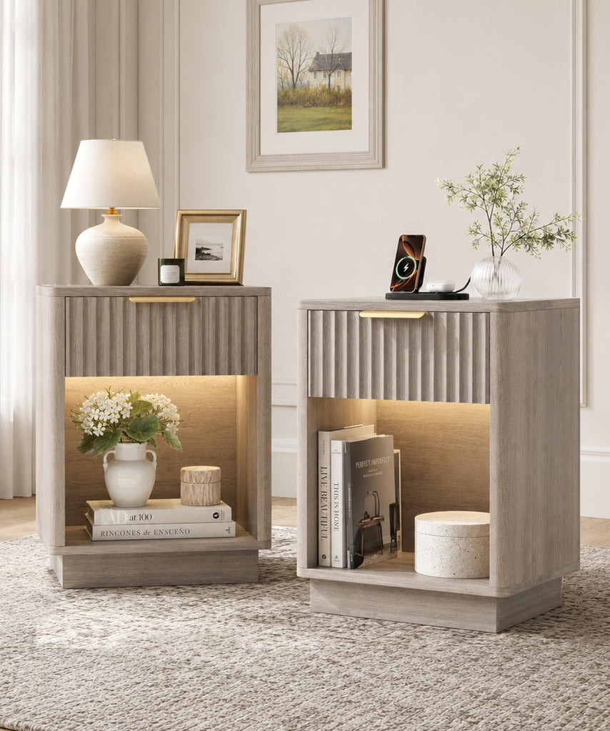 Fluted Nightstand Set 2 Bedside Table with Charging Station Greige