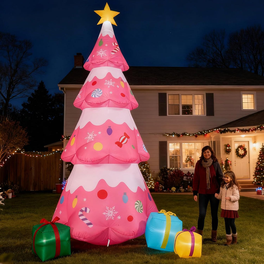 12 FT Pink Christmas Tree Inflatables Outdoor Decorations, Blow Up Candy-Themed Xmas Tree with Rotating Projection