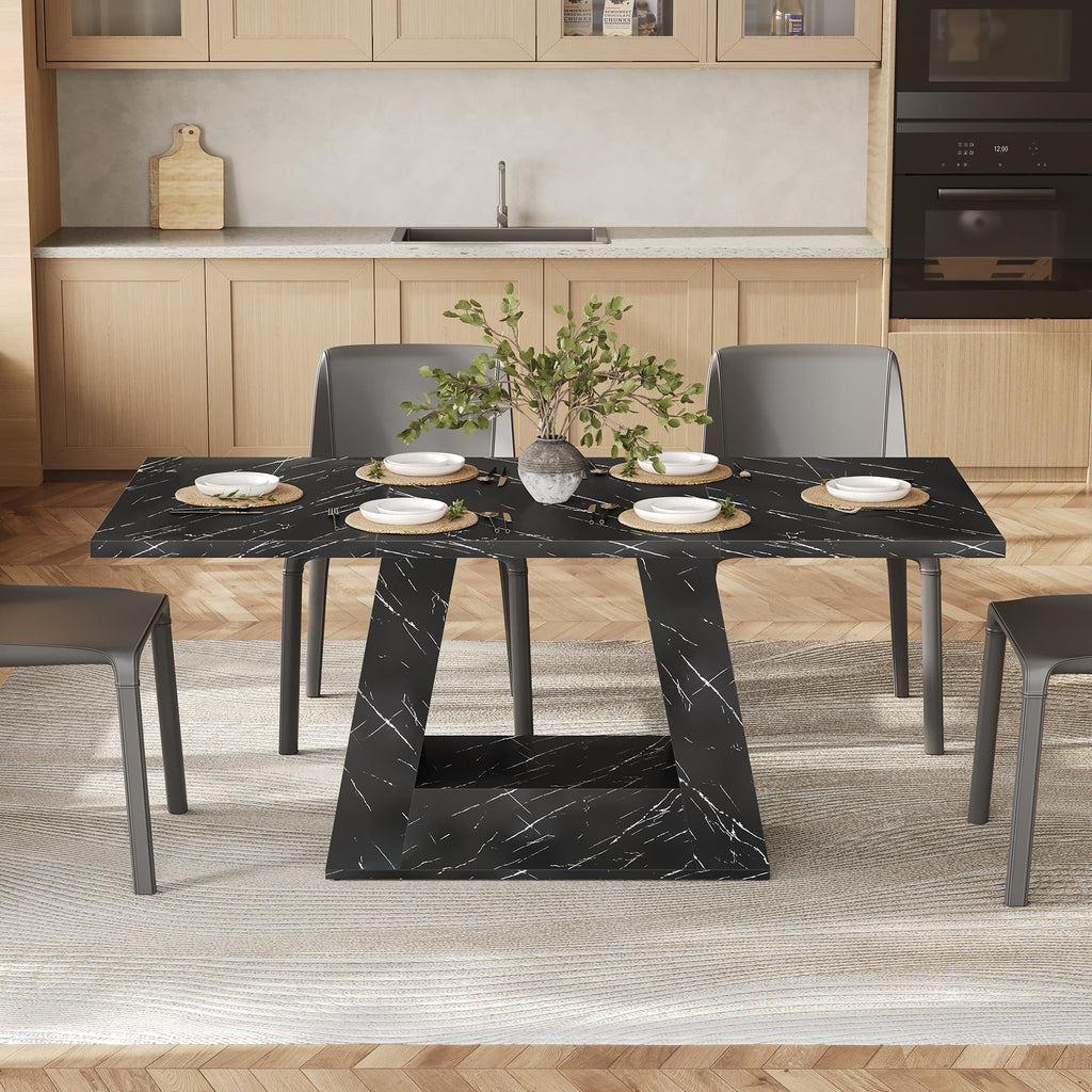 Inspired Saarinen Style Dining Table for 4-6 People, 63 Inches Dining Room Table with Wooden Triangle Pedestal Base, Black Faux Marble