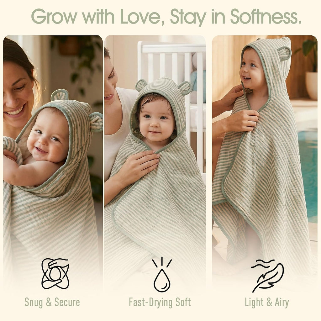 Muslin Toddler Bath Towels Organic Cotton Blend (Sage Stripe,55x28)