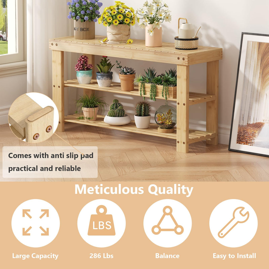 Shoe Rack Bench, 3-Tier Bamboo Shoe Organizer, Wooden Entryway Storage Bench, 286 lb Load Capacity, 11.2x35.5x17.9