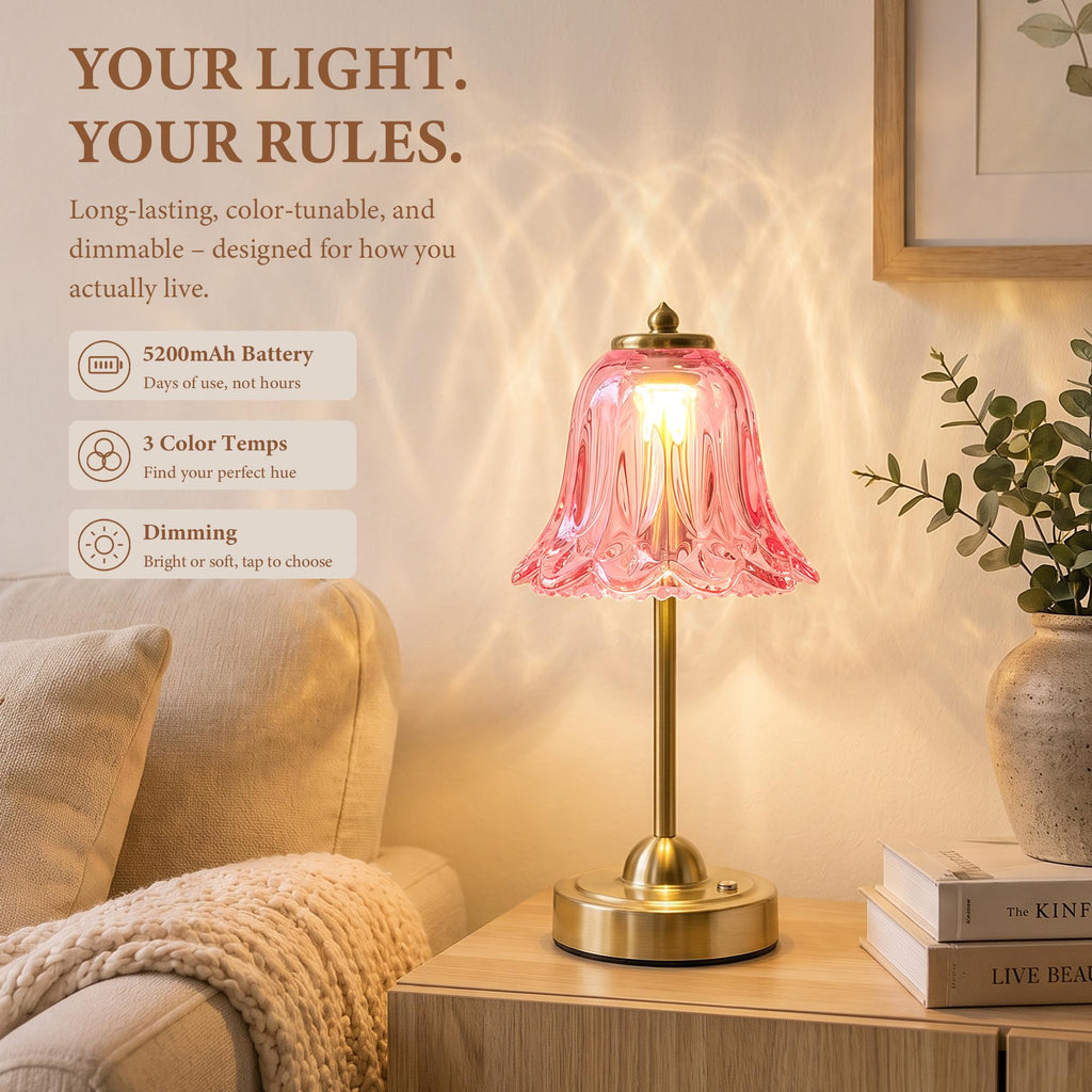 Cordless Table Lamp, Rechargeable Battery Operated Flower Touch Lamp, Pink