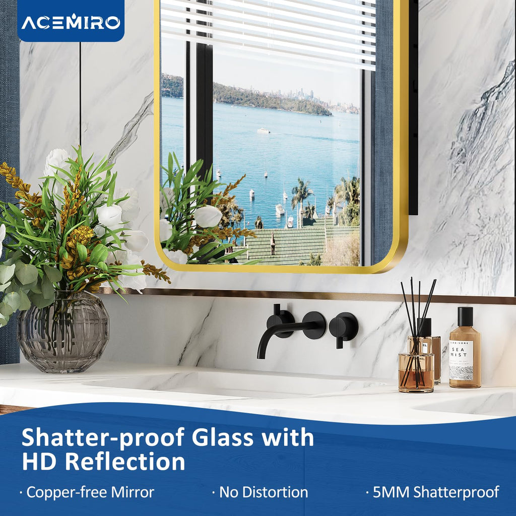16x24 Inch Mirror Medicine Cabinet Gold Metal Frame Bathroom Medicine Cabinet with Mirror Recessed or Wall Mounted