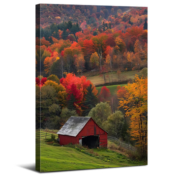 Nature Mountain Wall Art Autumn Orange Forest Picture Wall Decor Red Barn Posters Nature Wilderness Woodland Canvas
