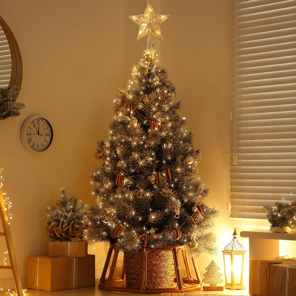 Star Tree Topper, Plug in 3D Star Tree Topper, 11"Golden Glittered Metal Hollow Designed Built-in 10 Bulbs String