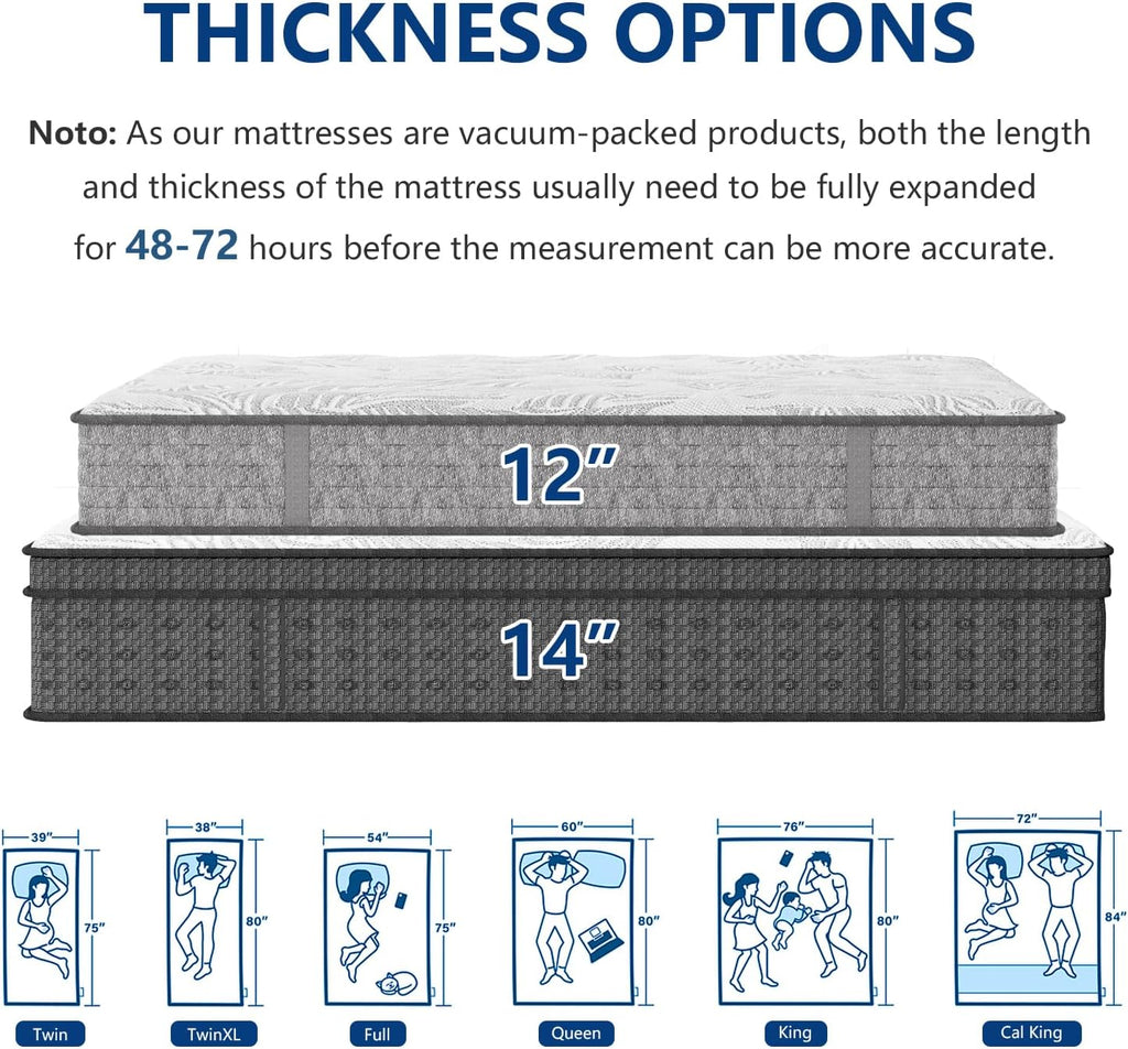 King Size Mattress, 14 Inch Hybrid King Mattress in a Box with Gel Memory Foam, Individually Wrapped Pocket Spring