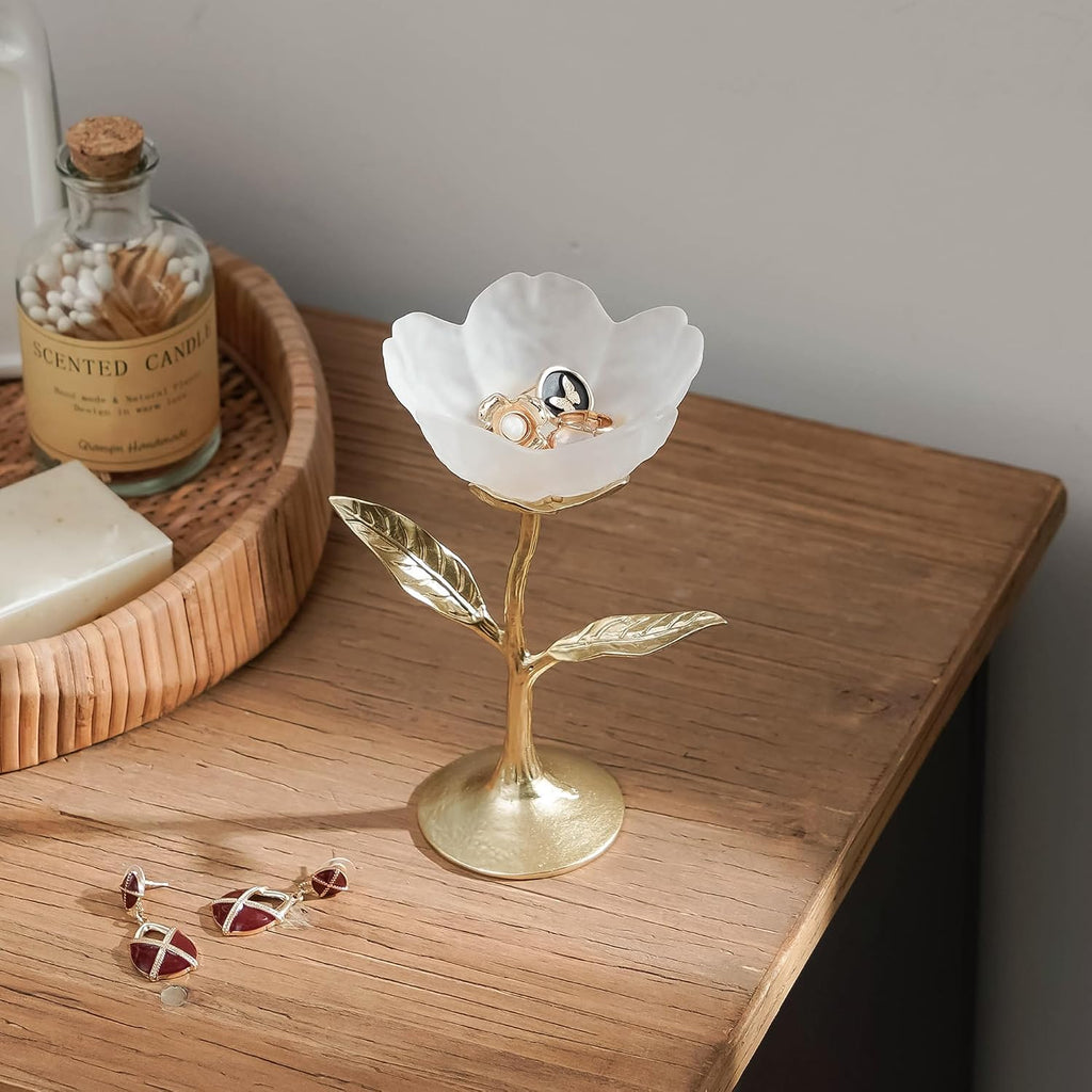 Frosted White Glass Flower Jewelry Tray, Gold Metal Leaf Base, Vanity Catch All for Rings Keys, Vintage Home Decor