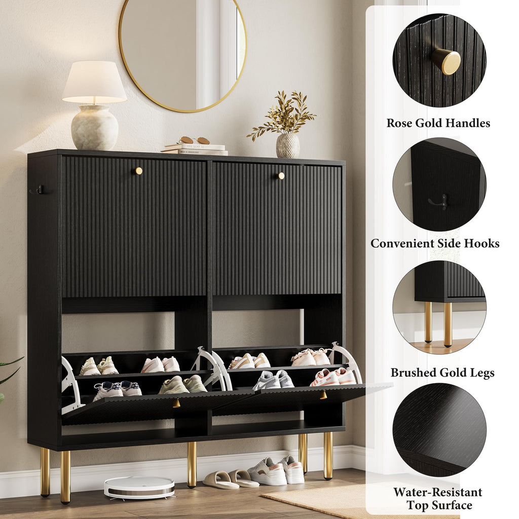 Shoe Storage Cabinet, 4 Flip Drawers with Adjustable Shelves, Mid-Century Modern Shoe Organizer with Tiered Fluted