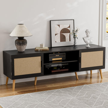 TV Stand with Rattan Doors for TVs up to 65", Mid-Century, Black