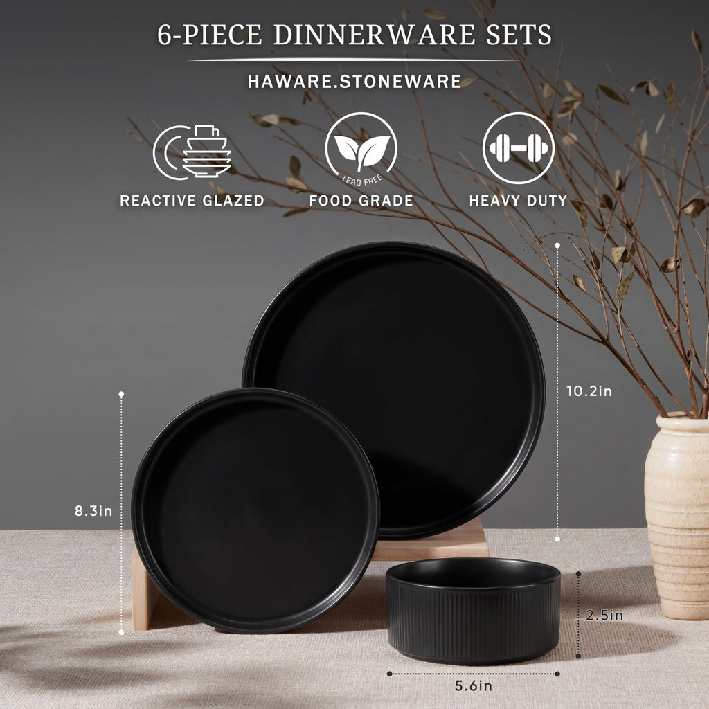 Dinnerware Sets, Plates and Bowls Set for 2, Matte Shadow Black