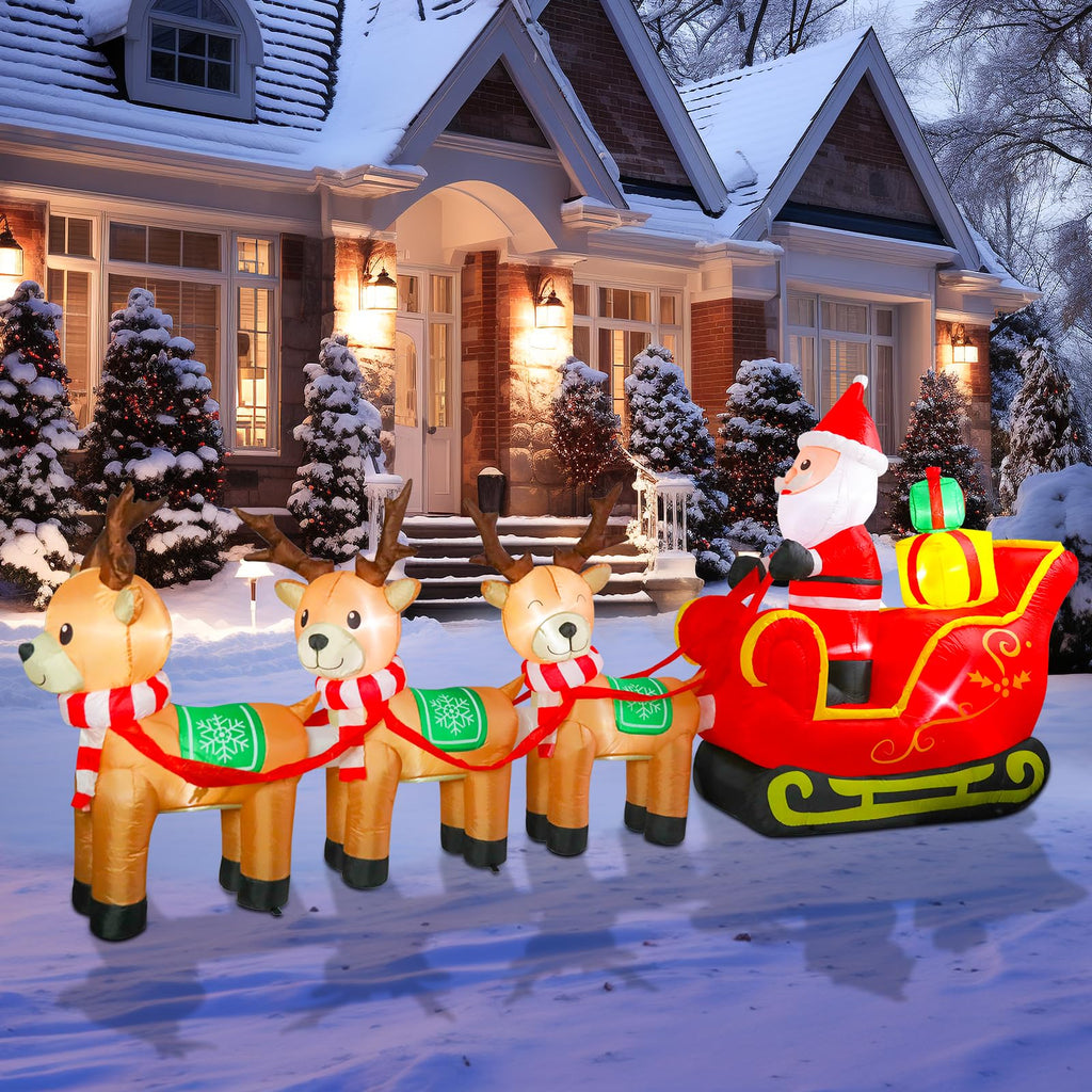 12FT Christmas Inflatable Outdoor Santa Claus on Sleigh & Reindeer Decor
