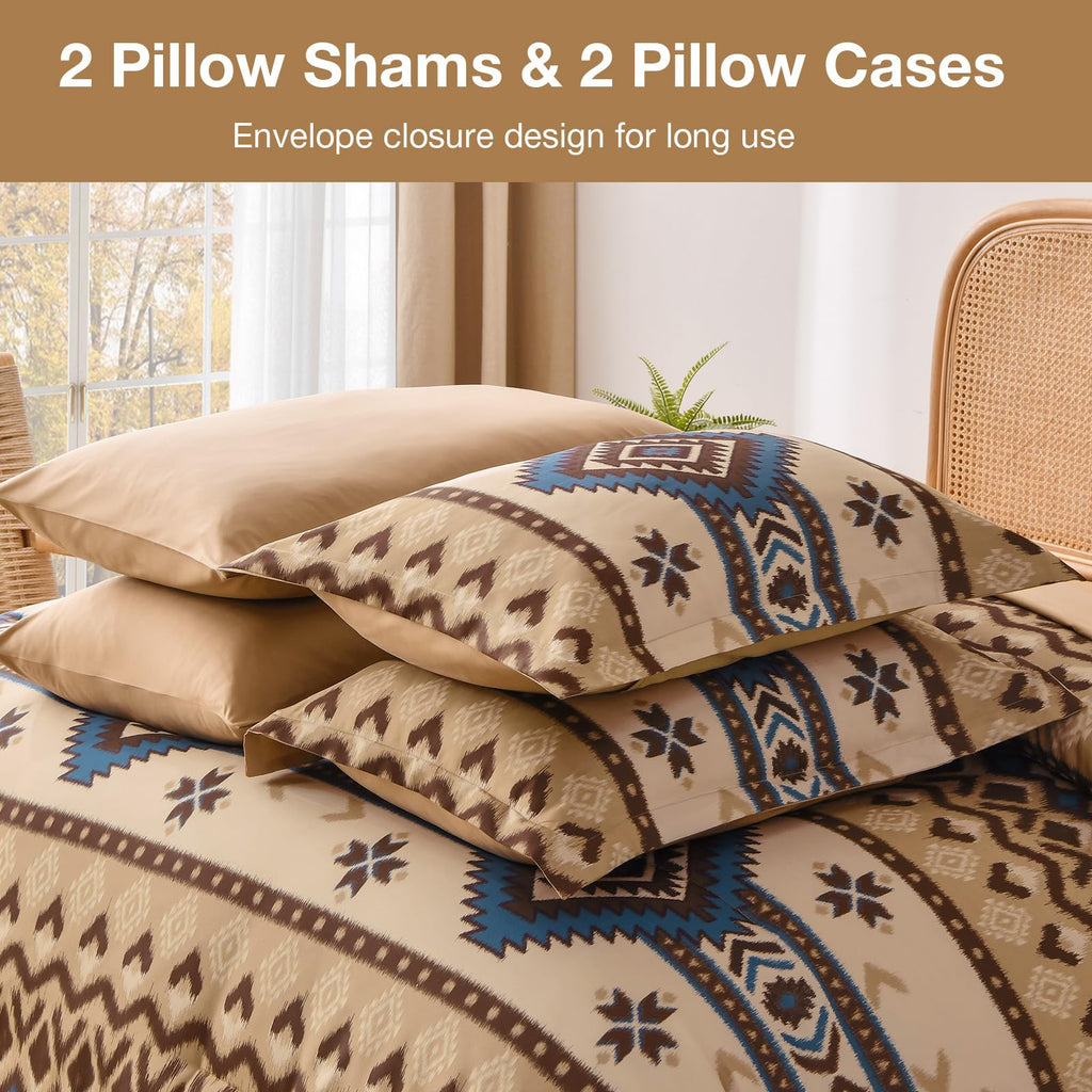 Queen Size Brown Comforter Set, 7 Pieces Boho Aztec Bed in a Bag, All-Season Bedding Set with Sheets & Pillow Shams