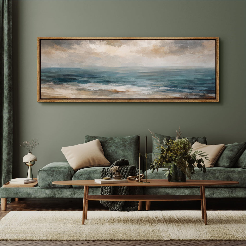 Large Framed Canvas Print Wall Art Coastal Ocean Waves Landscape Soft Neutral Seascape Antique Retro Ready to Hang