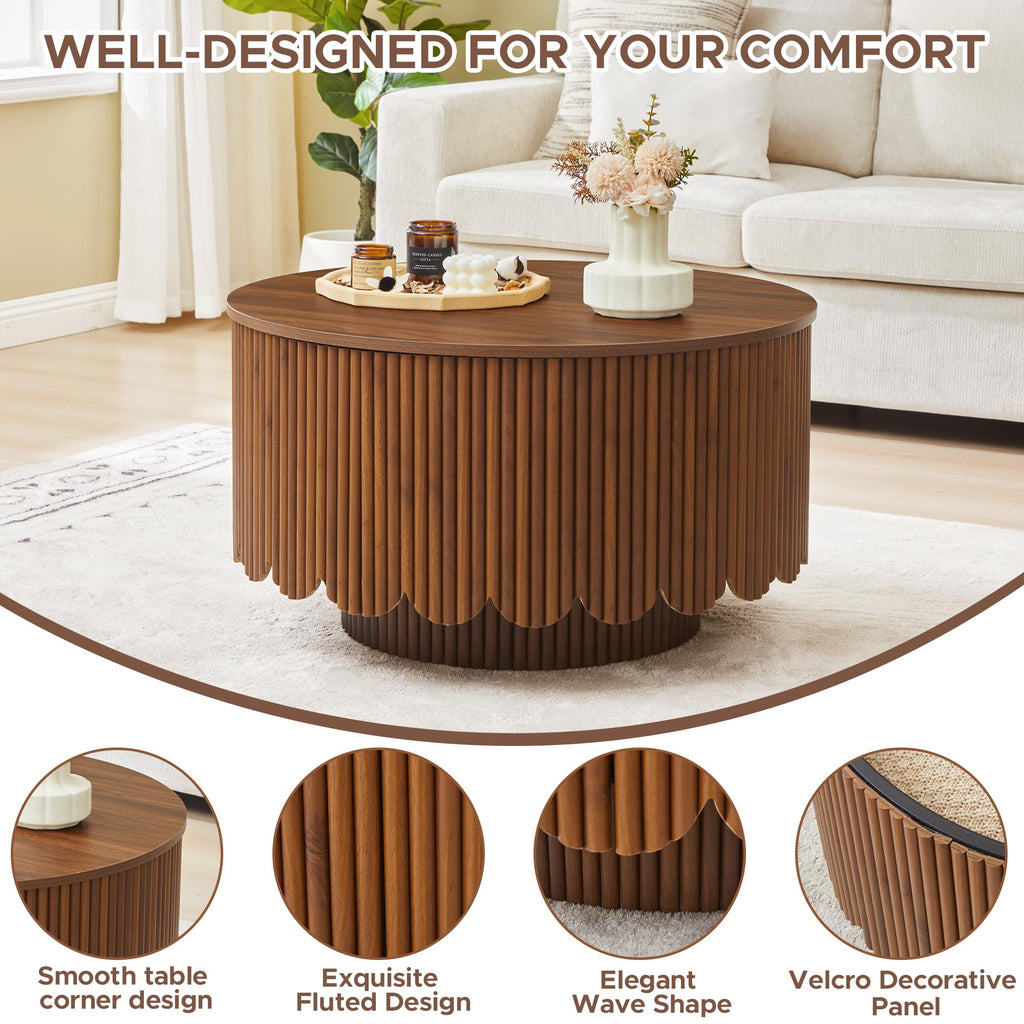Fluted Round Lift Top Coffee Table with Storage, Walnut