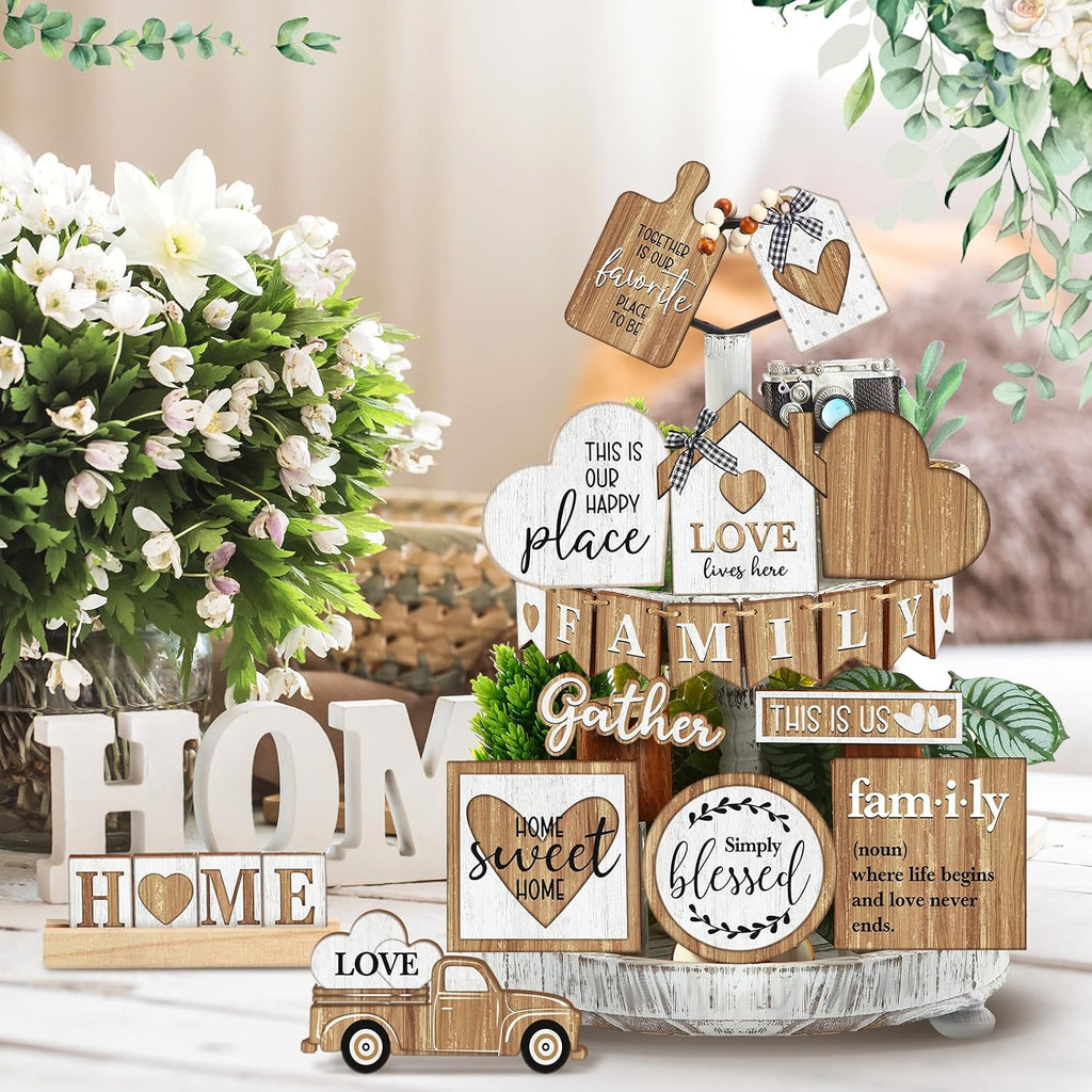 Farmhouse Tiered Tray Decor Rustic Wood Tabletop Signs Table Decor - Set of 21