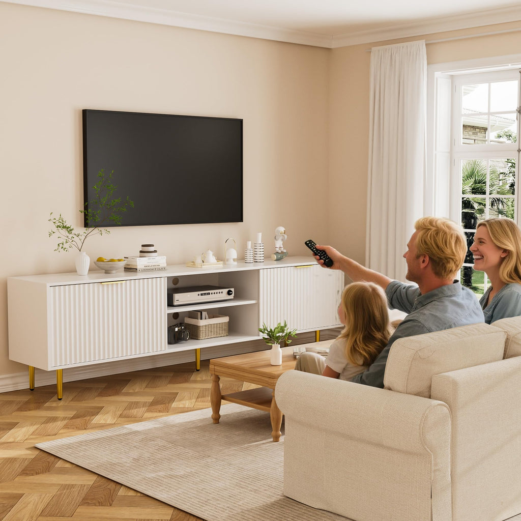 70" White Fluted TV Stand with Sliding Doors & Storage