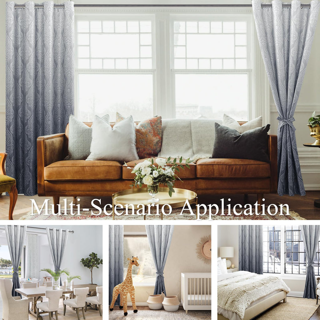Ombre Blackout Curtains - Damask Patterned Thermal Insulated Energy Saving Grommet Curtains, Gradient Window Curtain
