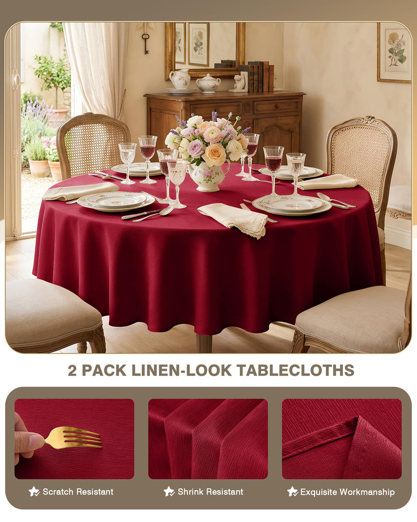 Red Round Tablecloth 60 Inch, 2-Pack Waterproof Slub Textured