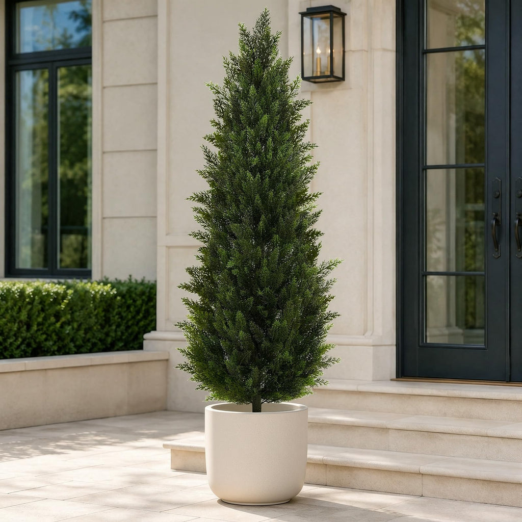 Artificial Topiary Cedar Trees 6FT Tall 2 Set, Outdoor Indoor Faux Pine Shrubs Plants, Realistic Fake Plants Front