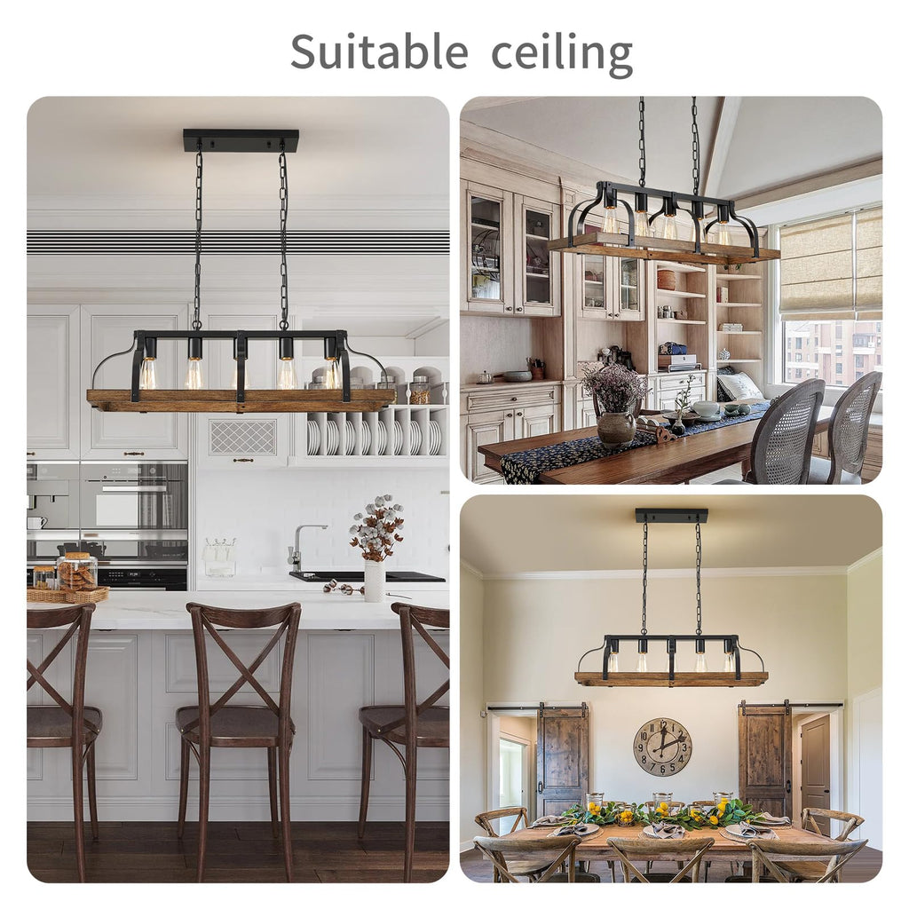 Metal Chandelier Imitation Wood Grain Linear Pendant Ceiling Lighting Rustic Farmhouse Fixture Kitchen Island