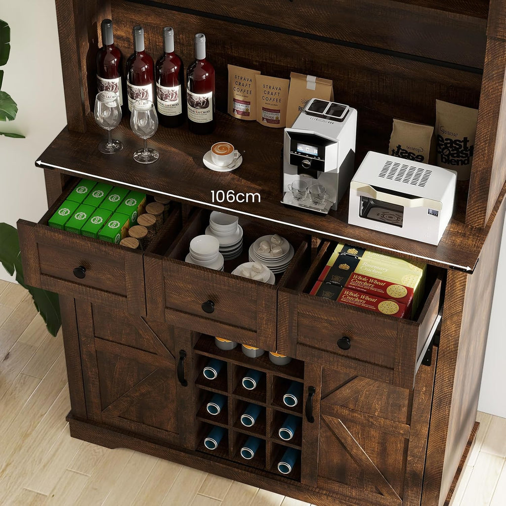 Farmhouse Coffee Bar Cabinet with Storage, Kitchen Buffet Hutch with Wine Rack & Sliding Barn Doors & Glass Doors