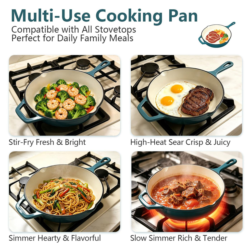 Enameled Cast Iron Skillet, Nonstick Frying Pan (Peacock Blue, 10 inch)