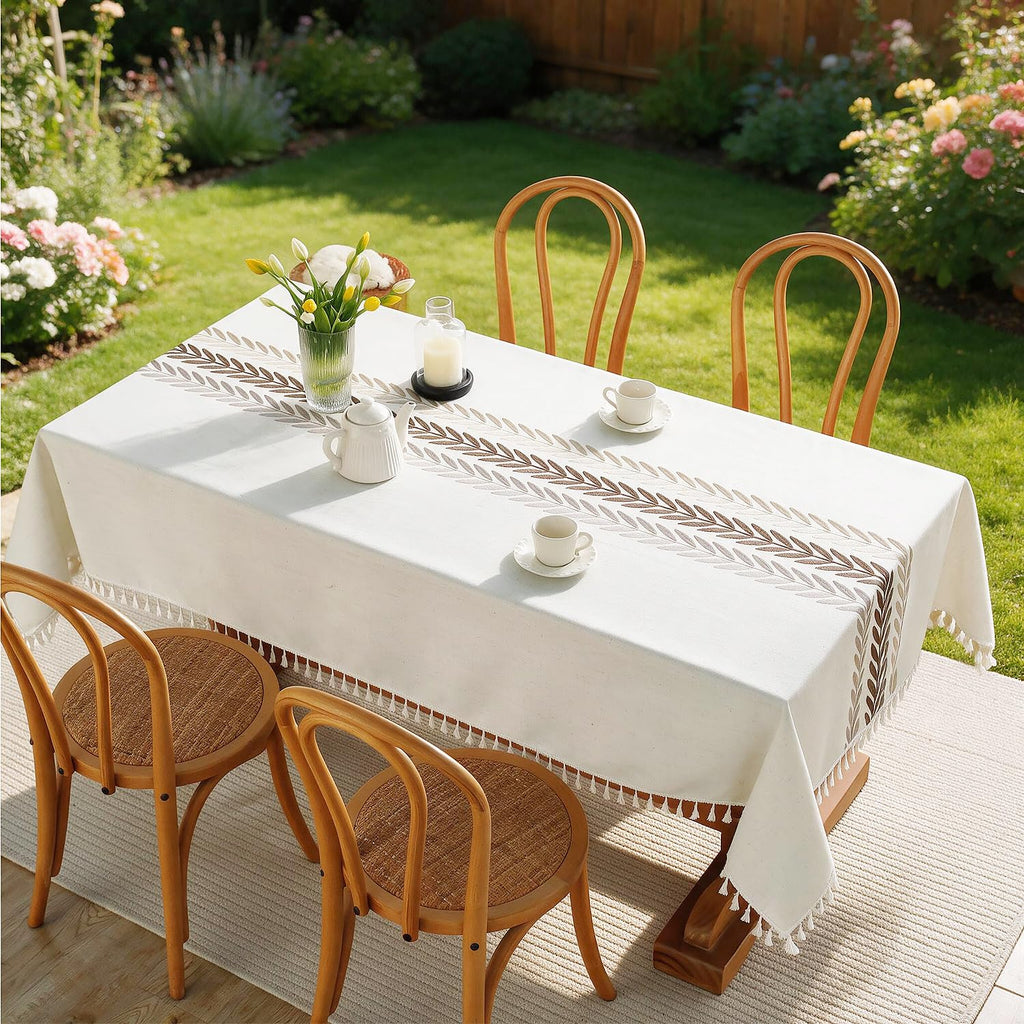 Heavy Duty Cotton Linen Waterproof Tablecloths Farmhouse Tablecloth, Soft and Wrinkle Free Table Cover with Tassels