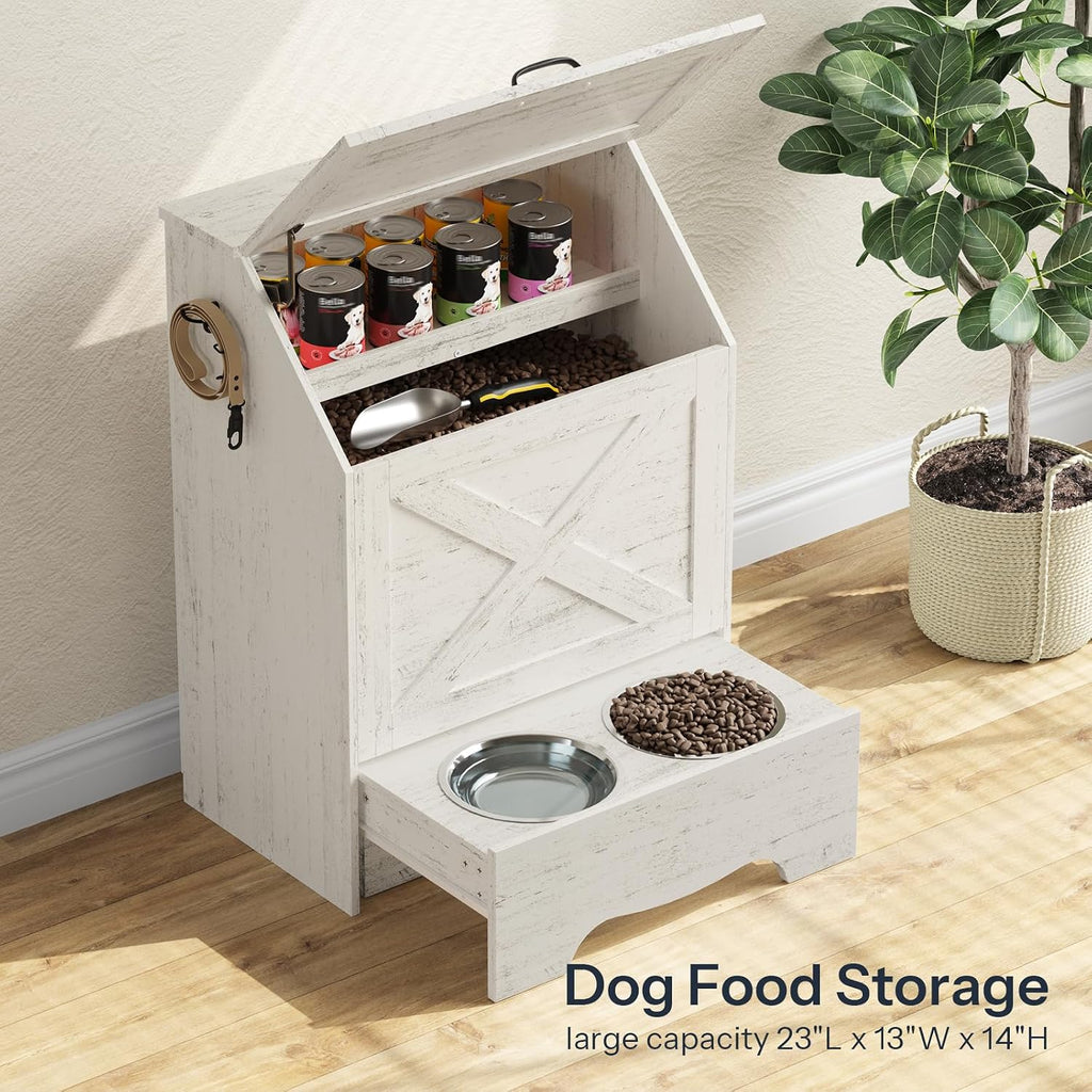 Dog Feeding Station with Sliding Drawer and 2 Hidden Bowls, Pet Feeding Station with Flip-Up Door, Dog Food Storage