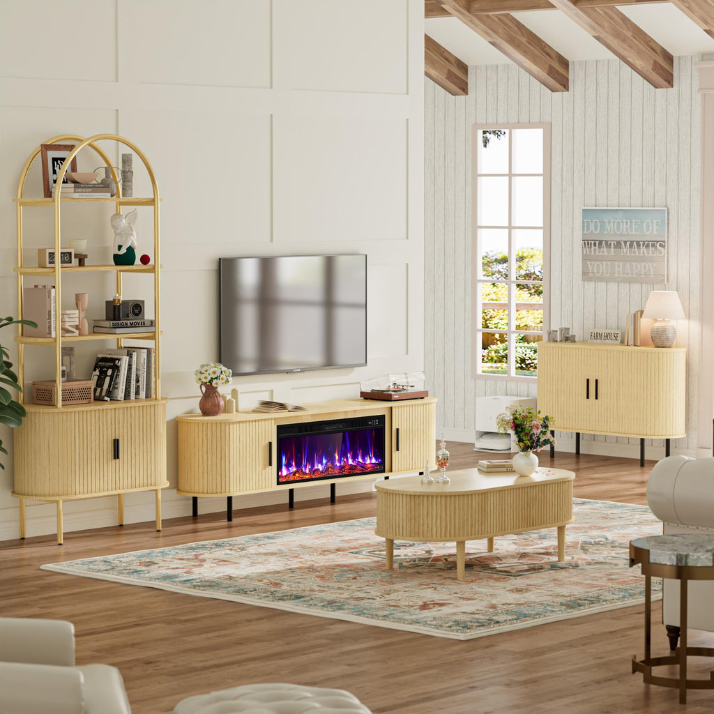 Fluted TV Stand with Fireplace, Modern Entertainment Center for TVs Up to 95 inch, Wood Media Console w/Sliding Door