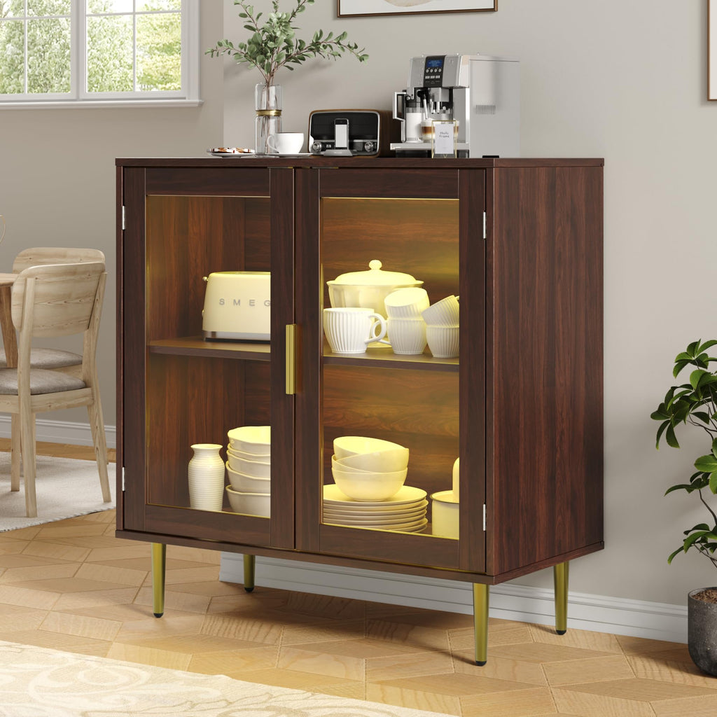 Buffet Cabinet Set of 2, Sideboard Cabinet with LED Lights, Walnut
