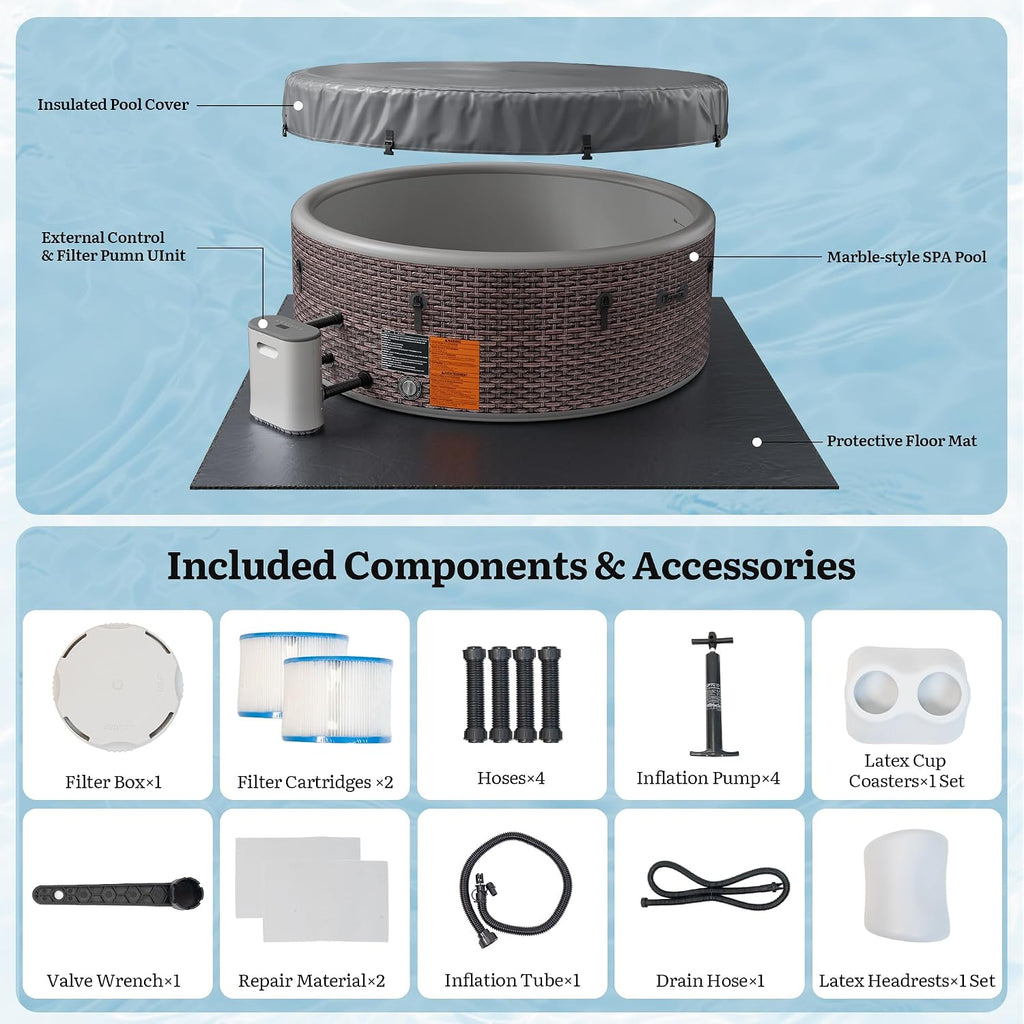 77" Premium Drop-Stitch Inflatable Hot Tub for 6 Person, Rigid Portable Outdoor Spa with 180 Massage Jets, Smart