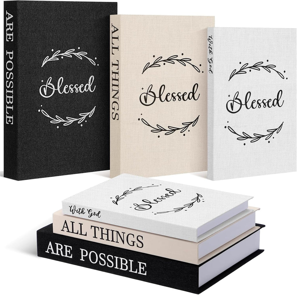 Set of 3 with God All Things are Possible Decorative Books Decor Linen Faux Books Stacked Neutral Modern Aesthetic