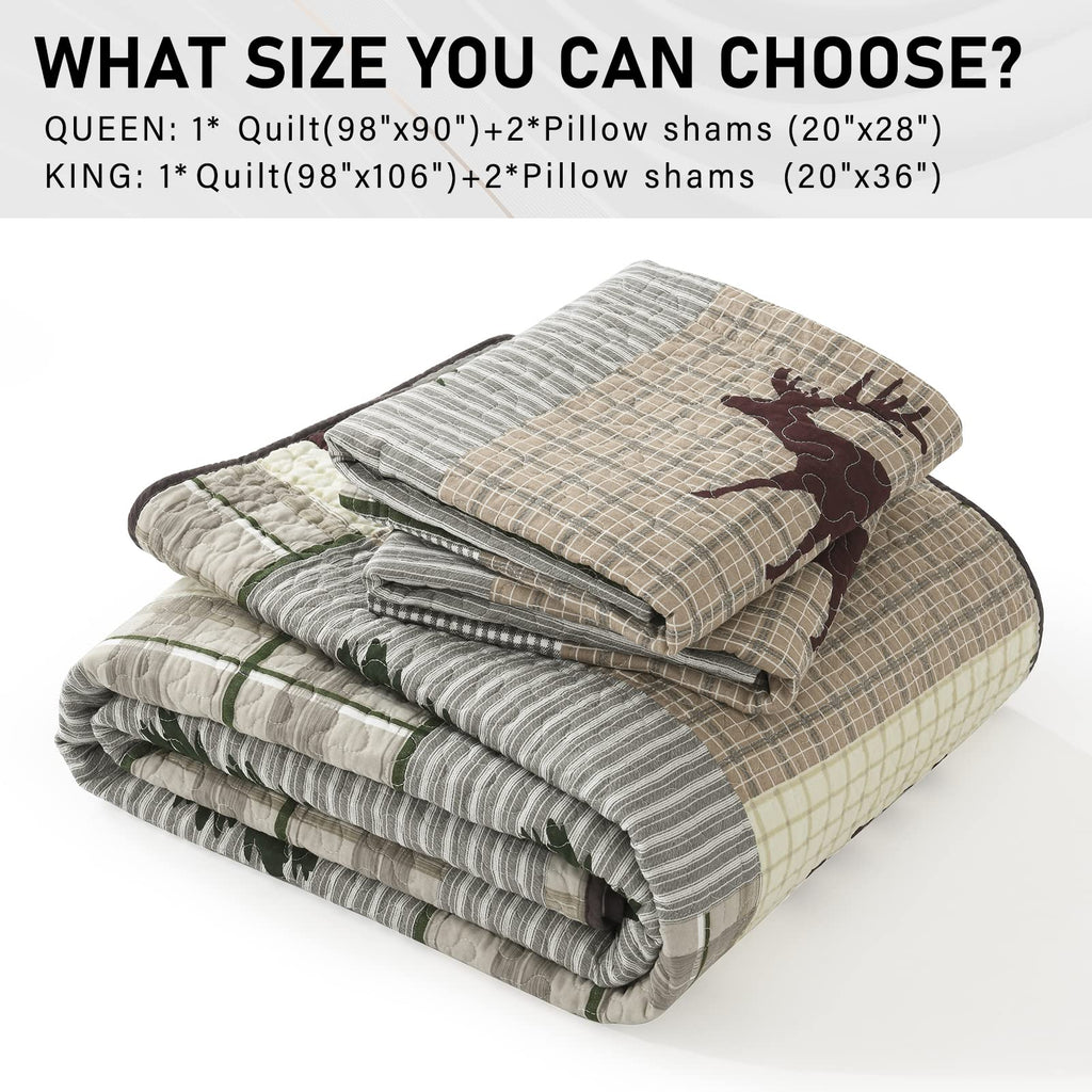 Quilt - 100% Cotton Lightweight Cabin Plaid Quilt Bedding Set, Forest Tree Brown Bear Deer Patchwork