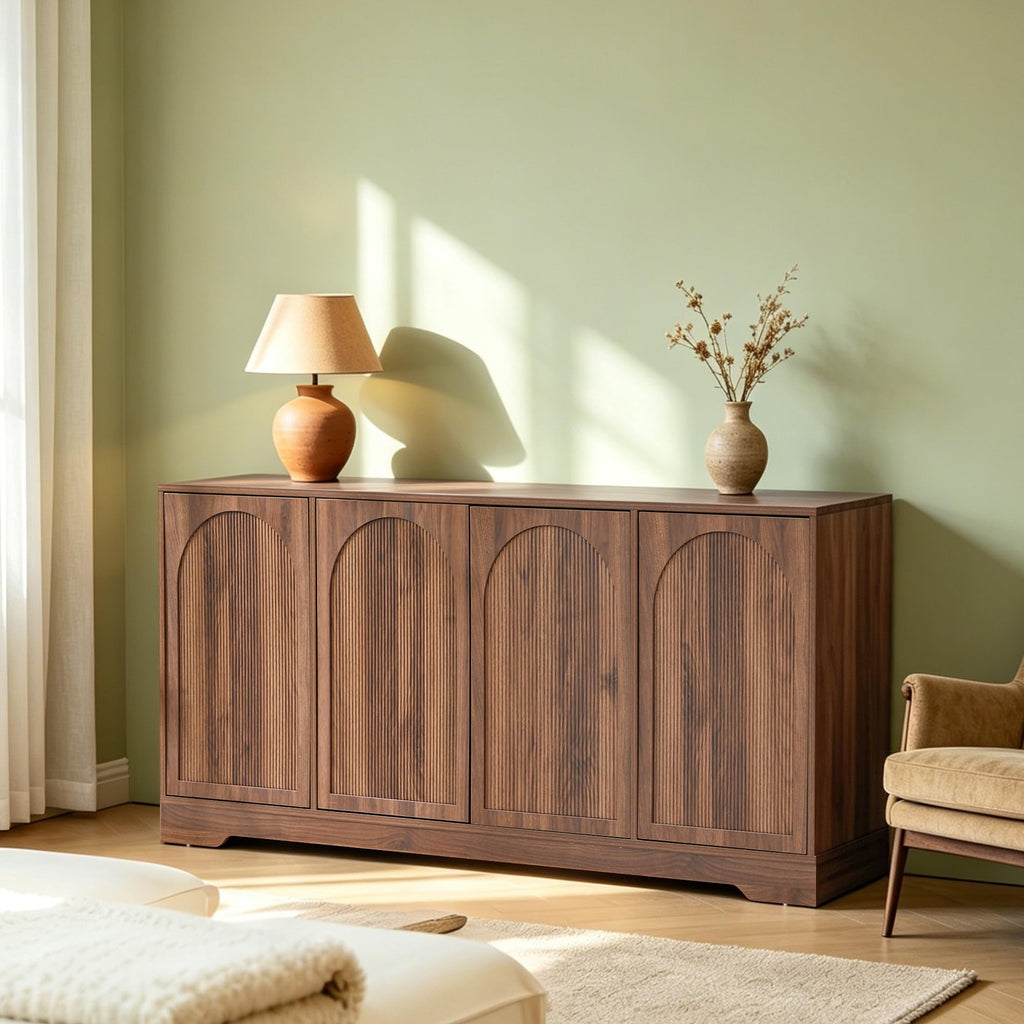 Walnut 124.4" TV Stand for TVs up to 100 Inches Fluted & Arched Doors