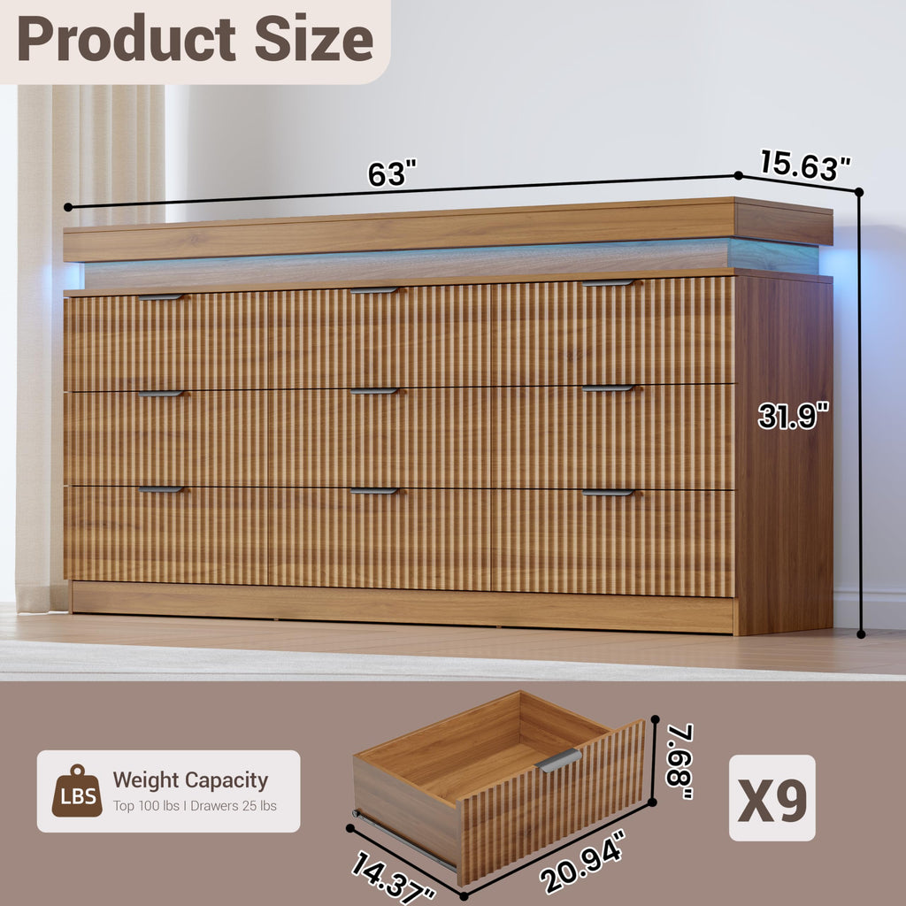 Fluted 9 Drawer Dresser with Charging Station, Walnut