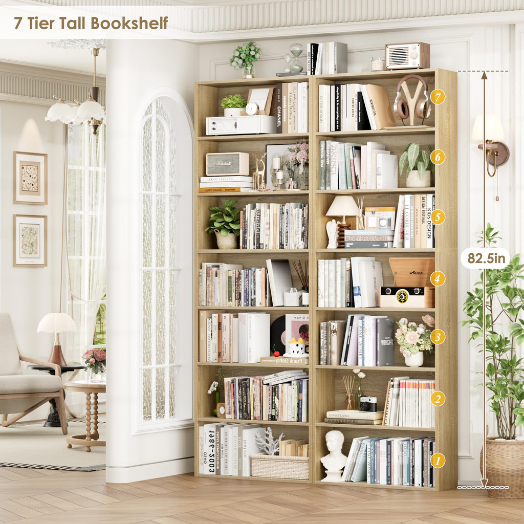 82" Tall Bookshelf Bookcase 7-Tier Open Display Shelves, Light Oak